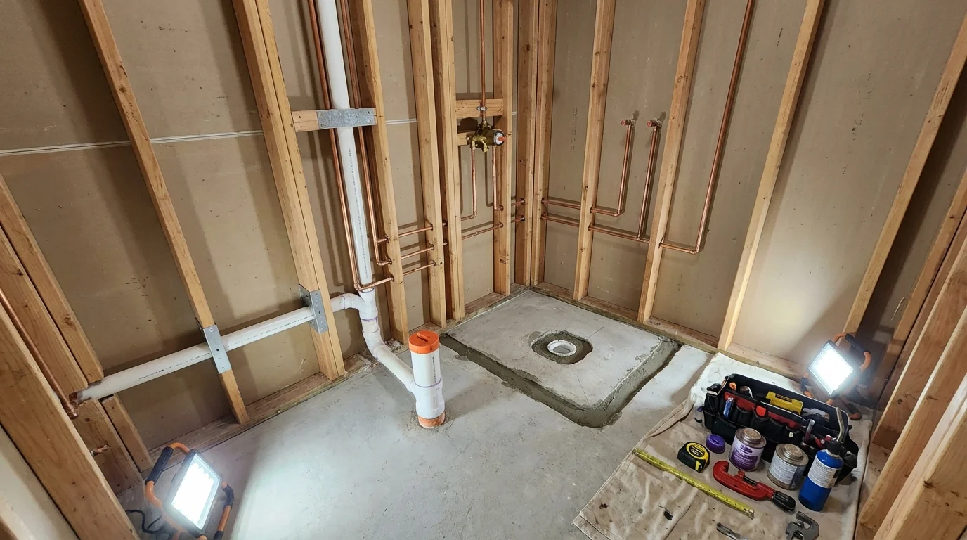 Bathroom rough-in plumbing during remodel by Johns Plumbing LLC in Kadoka