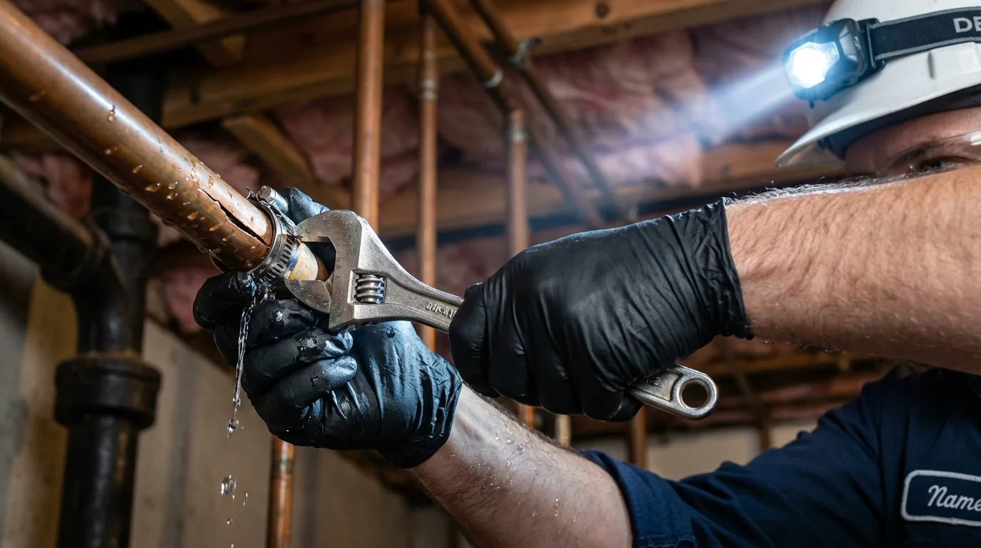 Emergency pipe clamp repair being performed by a Johns Plumbing LLC plumber in Kadoka