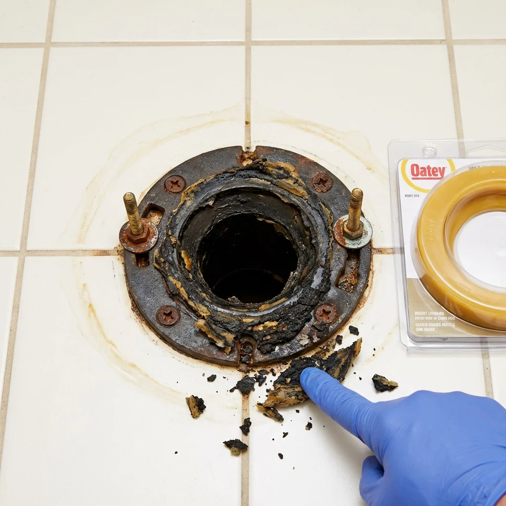 Failed wax ring showing water seepage at the base of a toilet in a Kadoka, SD home
