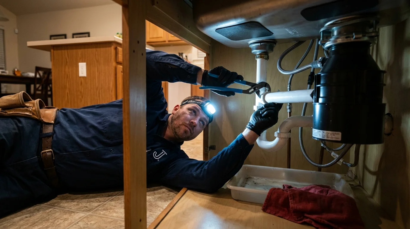 P-trap and supply line connections under a kitchen sink showing a common leak point in Kadoka, SD